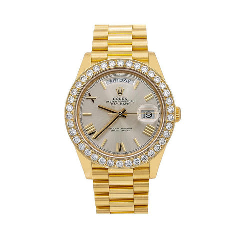 Rolex Day-Date 40MM 228238 Silver Roman Dial Diamond Bezel 18K Yellow Gold President Bracelet 2.25ct