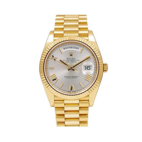 Rolex Day-Date 40MM 228238 Silver Roman Dial Fluted Bezel 18K Yellow Gold President Bracelet