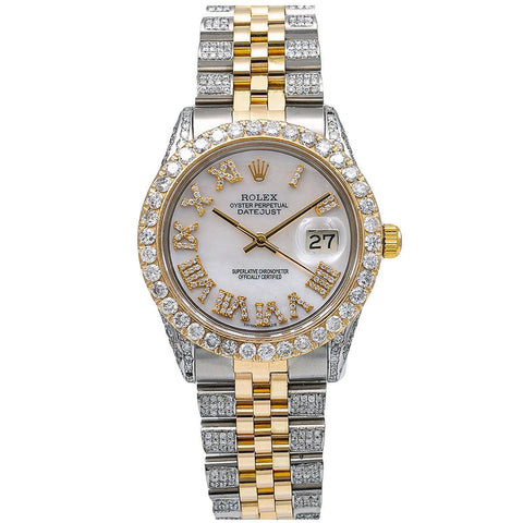 Rolex Datejust 36MM Mother of Pearl Roman Diamond Dial Two Tone Yellow Gold Semi Diamond