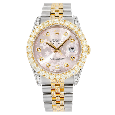 Rolex Datejust 36MM Pink Floral Diamond Two Tone Yellow Gold Semi Diamond