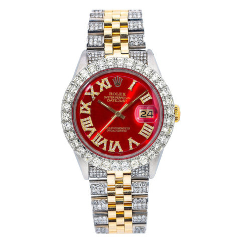 Rolex Datejust 36MM Red Roman Dial Two Tone Yellow Gold Semi Diamond