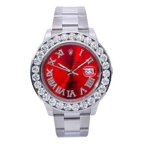 Rolex Datejust 41MM 116300 Red Roman Diamond Dial Diamond Bezel Stainless Steel Oyster Bracelet 9ct