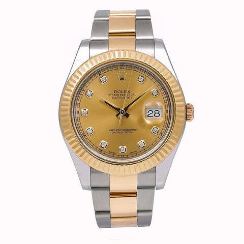 Rolex Datejust 41MM 116333 Champagne Diamond Dial Fluted Bezel Two Tone Yellow Gold Oyster Bracelet