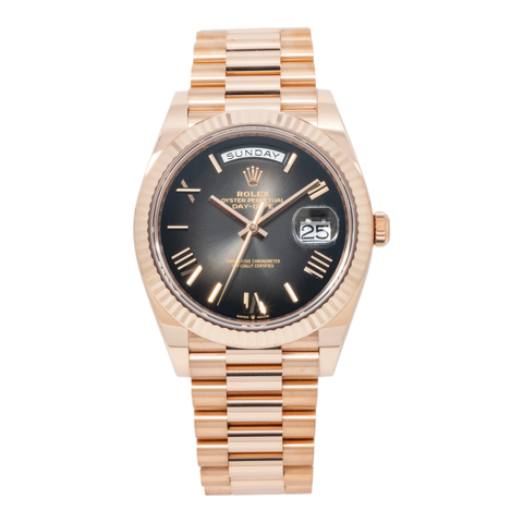 Rolex Day-Date 40MM 228235 Black Roman Dial Fluted Bezel 18K Rose Gold President Bracelet