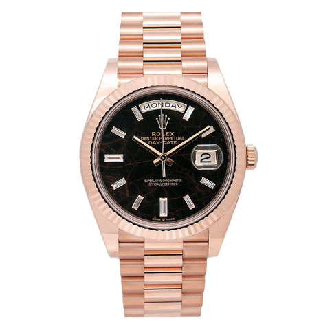 Rolex Day-Date 40MM 228235 Black Baguette Diamond Dial Fluted Bezel 18K Rose Gold President Bracelet
