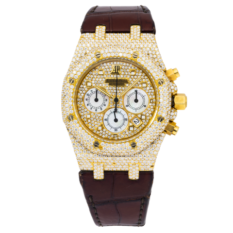 AUDEMARS PIGUET ROYAL OAK CHRONOGRAPH 26022BA 39MM SET WITH DIAMONDS - PAVE DIAL AND LEATHER BRACELET