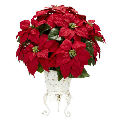 Poinsettia W Metal Planter Silk Flower Arrangement 1267 By Nearly Natural