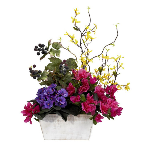 Mixed Floral W Azalea White Wash Planter Silk Arrangement 1270 By Nearly Natural