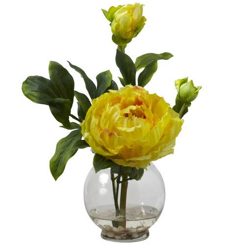 Peony W Fluted Vase Silk Flower Arrangement Yellow 1278 Yl By Nearly Natural