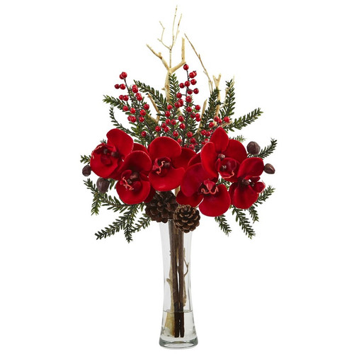 19 Mixed Orchid Holiday Arrangement With Vase 1438 By Nearly Natural