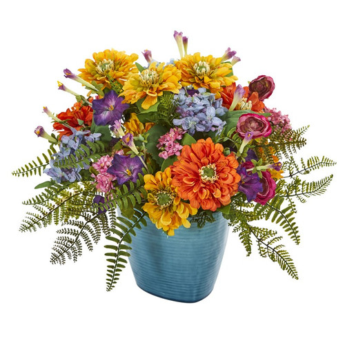 14 Mixed Floral Artificial Arrangement In Blue Vase 1550 By Nearly Natural