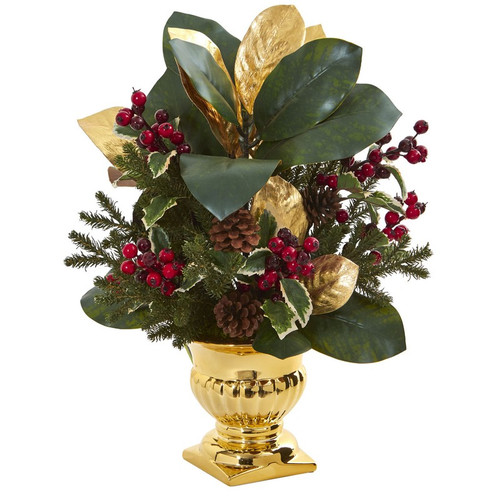20 Magnolia Leaf Holly Berry Artificial In Gold Urn 1556 By Nearly Natural
