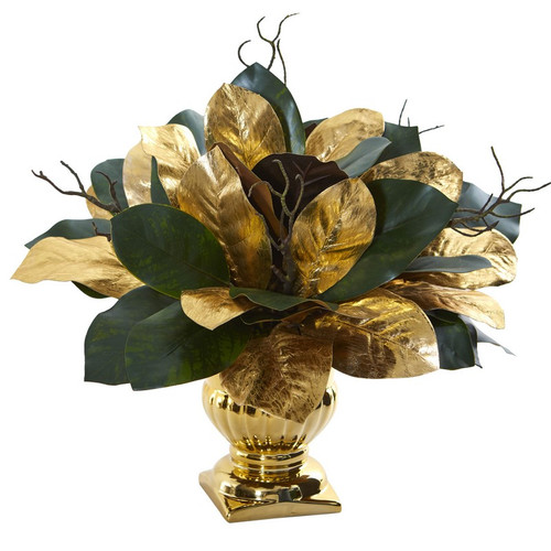 18 Magnolia Leaf Artificial Arrangement In Gold Planter 1557 By Nearly Natural