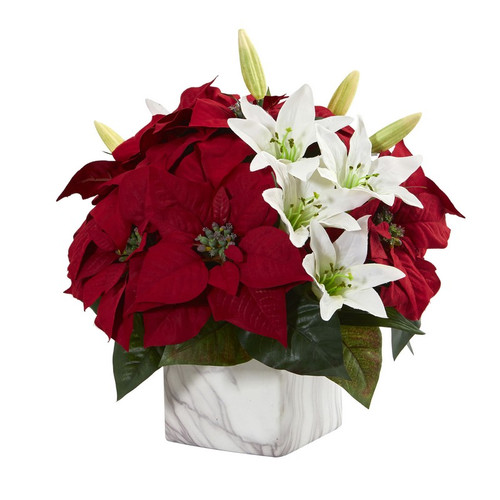 13 Poinsettia Lily Artificial Arrangement In Marble Vase 1573 By Nearly Natural