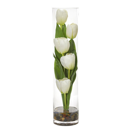 18 Tulips Artificial Arrangement In Cylinder Vase 1612 Wh By Nearly Natural