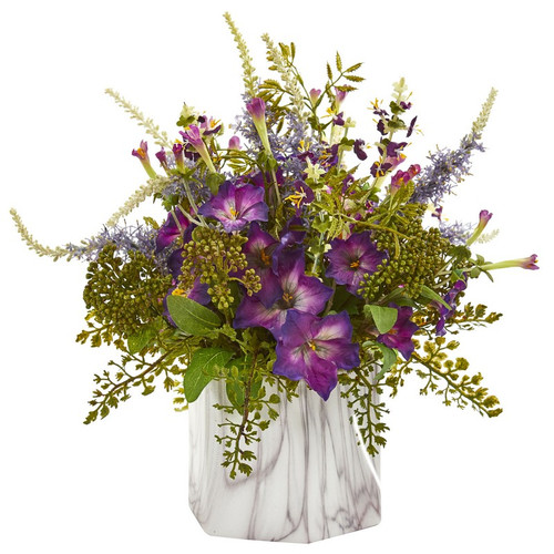 14 Morning Glory Artificial Plant In Marble Finished Vase 1621 By Nearly Natural