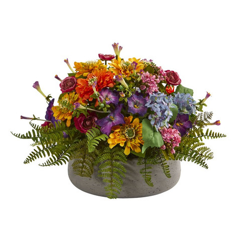 10 Mixed Floral Artificial Arrangement In Stone Planter 1626 By Nearly Natural