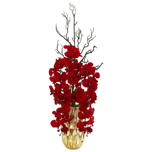 36 Red Phalaenopsis Orchid Arrangement In Gold Vase 1658 By Nearly Natural
