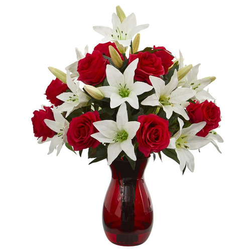 21 Roses Lilies Artificial Arrangement In Red Vase 1661 By Nearly Natural