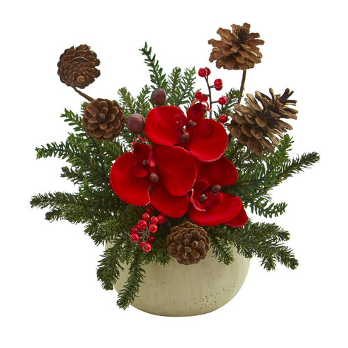 12 Orchid Berries And Pine Arrangement 1663 By Nearly Natural