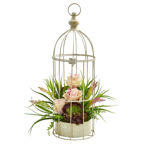 9 Rose Grass Succulent Arrangement In Bird Cage 1687 By Nearly Natural