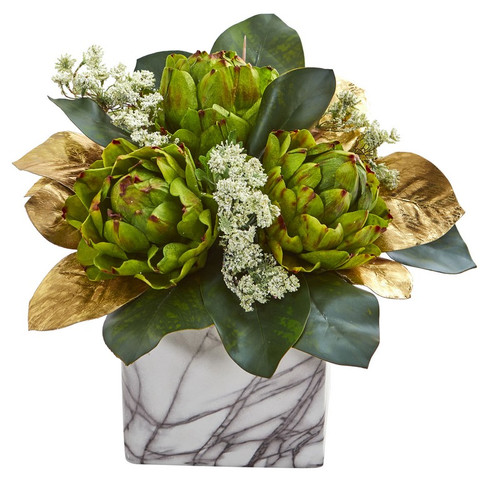 13 Golden Magnolias Artichokes Marble Planter 1690 By Nearly Natural