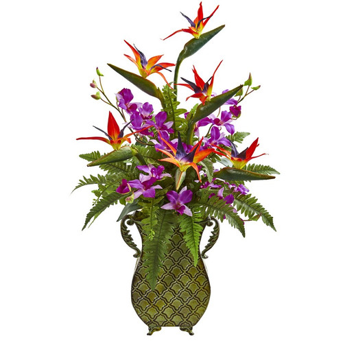 32 Bird Of Paradise Orchid And Fern In Metal Planter 1712 By Nearly Natural
