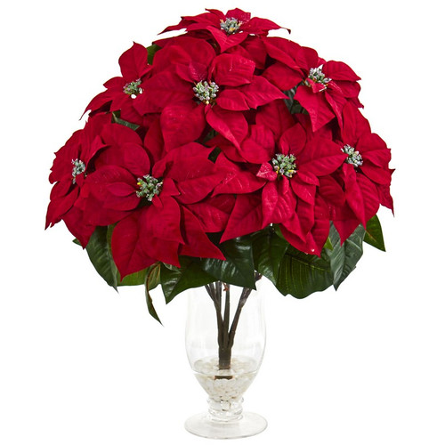 25 Poinsettia Artificial Arrangement In Glass Vase 1727 By Nearly Natural
