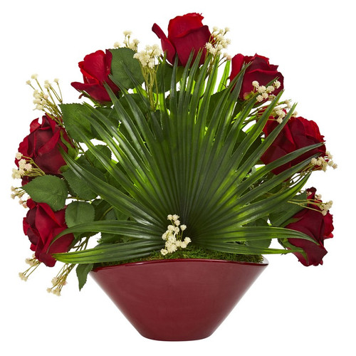 16 Rose Fan Leaf Artificial Arrangement In Burgundy Vase 1789 By Nearly Natural