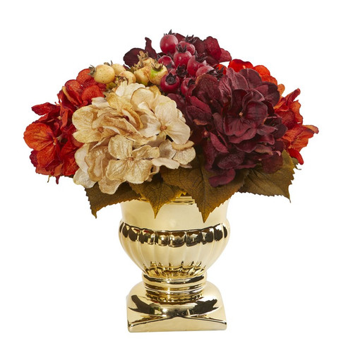 12 Hydrangea Berry Artificial Arrangement In Gold Urn 1808 By Nearly Natural