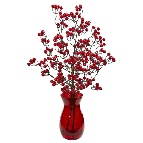 16 Red Berry Artificial Arrangement In Ruby Vase 1816 By Nearly Natural