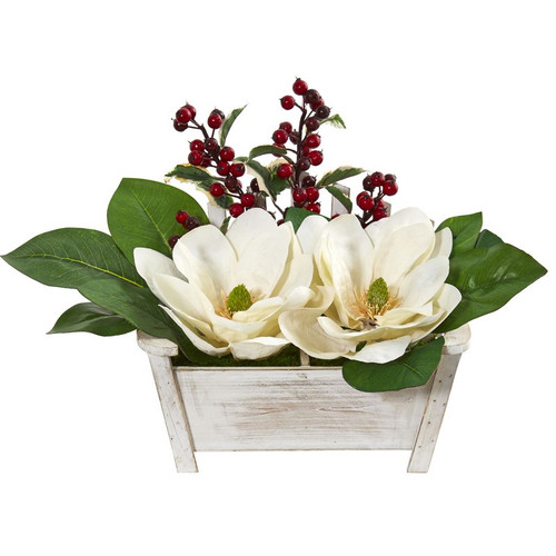 14 Magnolias And Berries Artificial Arrangement In Planter 1882 By Nearly Natural