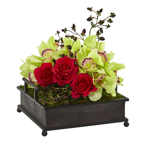 13 Cymbidium Orchid And Roses Arrangement In Metal Tray 1883 By Nearly Natural