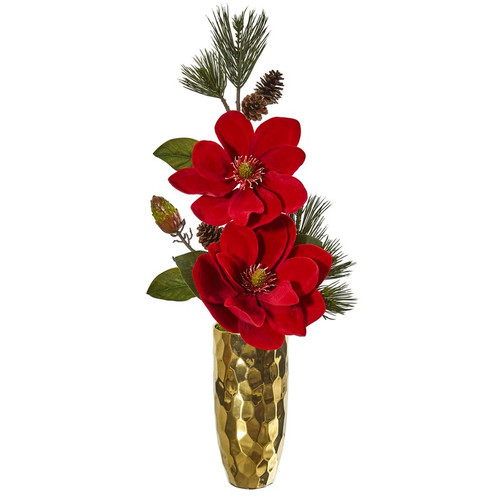 30 Magnolia And Pine Artificial Arrangement In Gold Vase 1922 By Nearly Natural