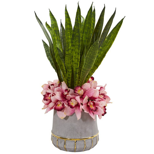 25 Cymbidium Orchid And Sansevieria Arrangement In Vase 1961 By Nearly Natural
