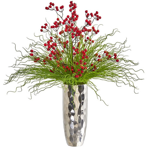 31 Berry And Grass Artificial Arrangement In Silver Vase 1966 By Nearly Natural