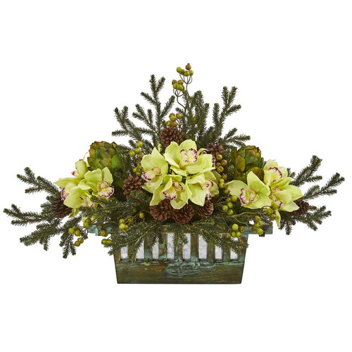20 Cymbidium Orchidartichoke Pine And Berries Arrangement 1975 By Nearly Natural