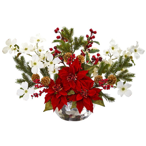 18 Poinsettia Dogwood Berry And Pine Arrangement 1983 By Nearly Natural