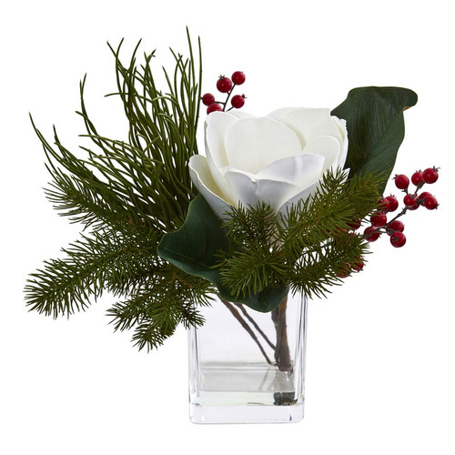 12 Magnolia And Berries In Glass Cube 4184 By Nearly Natural