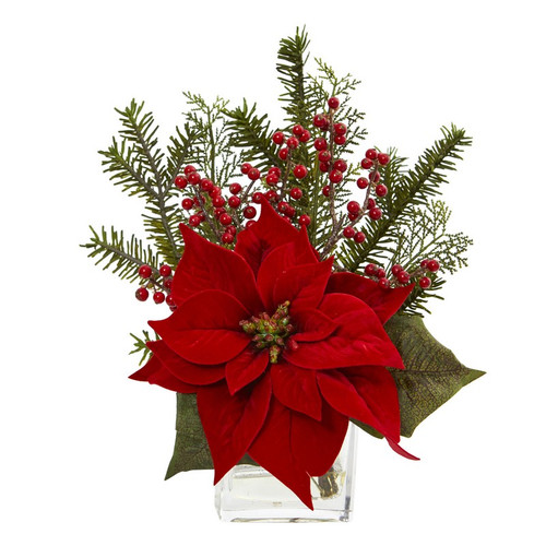 14 Poinsettia Pine And Berries In Vase Arrangement 4189 By Nearly Natural