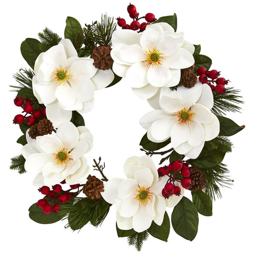 26 Magnolia Pine And Berries Wreath 4195 By Nearly Natural