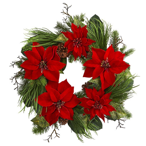 28 Poinsettia And Pine Wreath 4203 By Nearly Natural