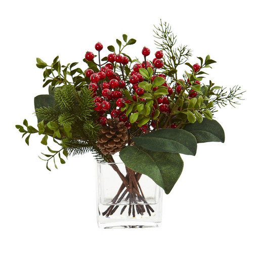 12 Berry Pine And Boxwood Artificial Arrangement 4260 By Nearly Natural
