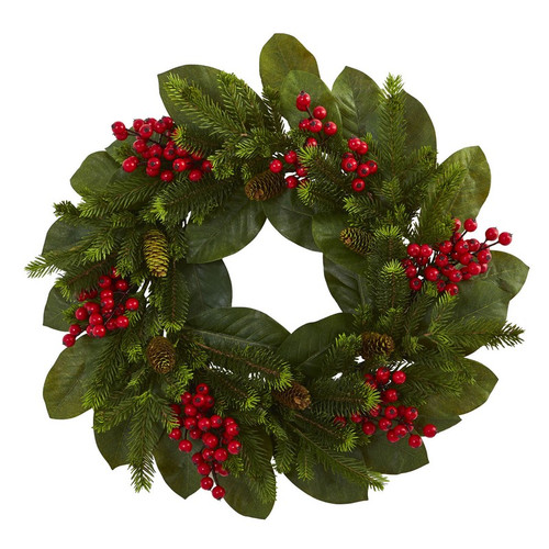 24 Magnolia Leaf Berry And Pine Artificial Wreath 4264 By Nearly Natural