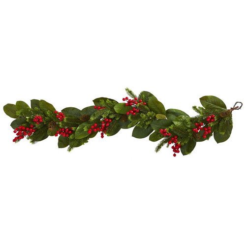 5 Magnolia Leaf Berry And Pine Artificial Garland 4265 By Nearly Natural