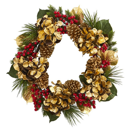 24 Golden Hydrangea With Berries And Pine Artificial Wreath 4268 By Nearly Natural