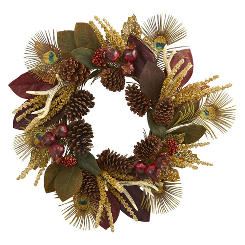 27 Magnolia Leaf Berry Antler And Peacock Feather Wreath 4276 By Nearly Natural