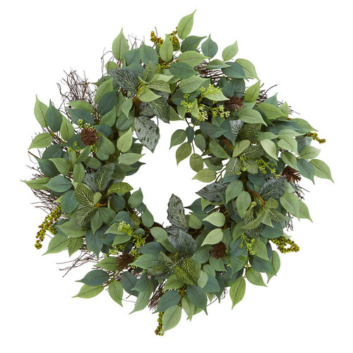 23 Mixed Ruscus Fittonia And Berries Artificial Wreath 4282 By Nearly Natural