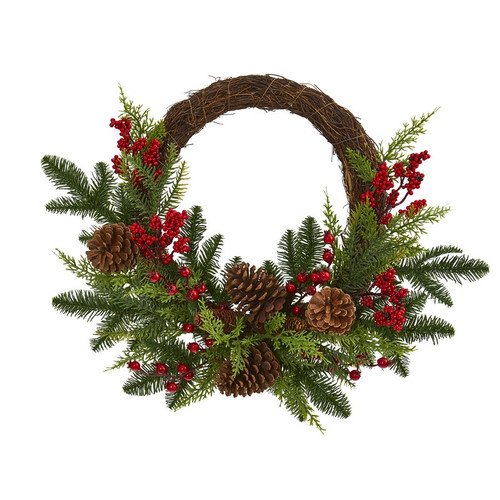 22 Mixed Pine And Cedar With Berries And Pine Cones Wreath 4360 By Nearly Natural