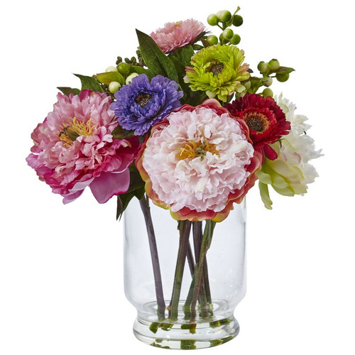 12 Peony And Mum In Glass Vase 4586 By Nearly Natural